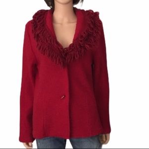 Vintage David Brooks 100% Wool Red Fringe Collar Sweater Jacket Size M